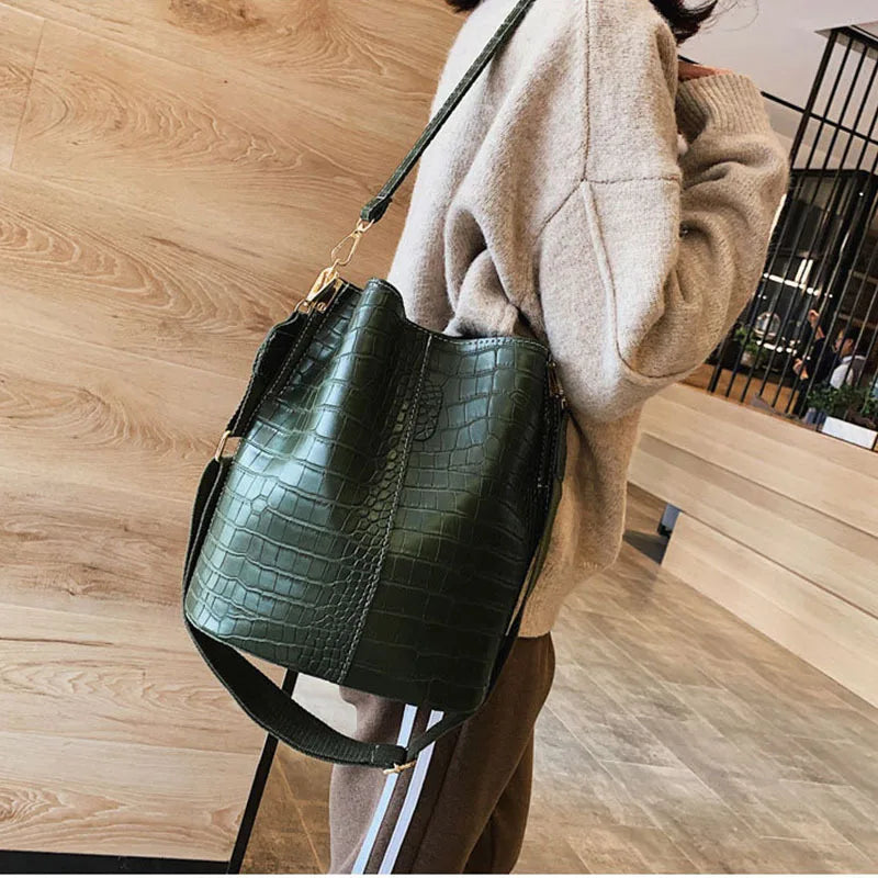Crocodile Crossbody Bag For Women Bucket Shoulder Bag Large Capacity Brand Designer Women Handbag PU Leather Female Bolsos Mujer