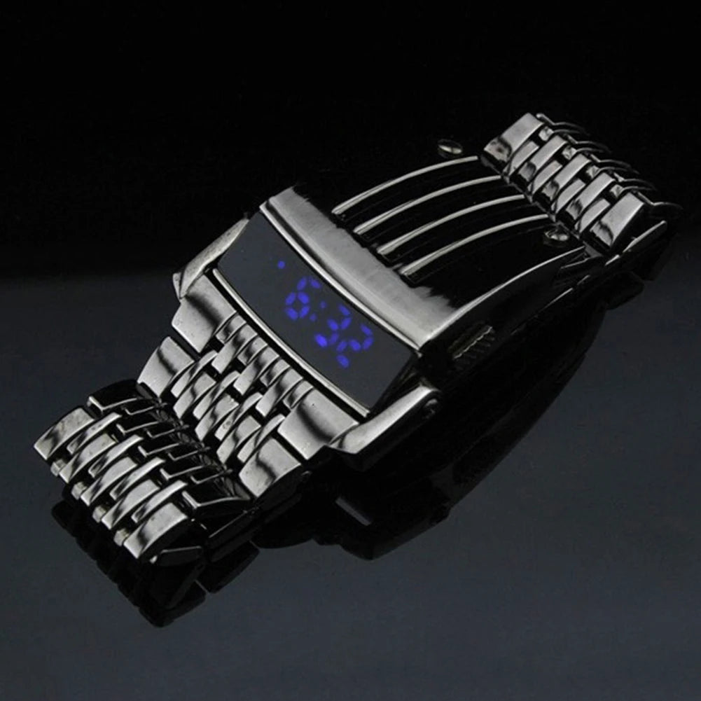 Fashion Electronic Watch Blue LED Display Wide Stainless Steel Band Men Digital Wrist Watch Gift Часы Мужские