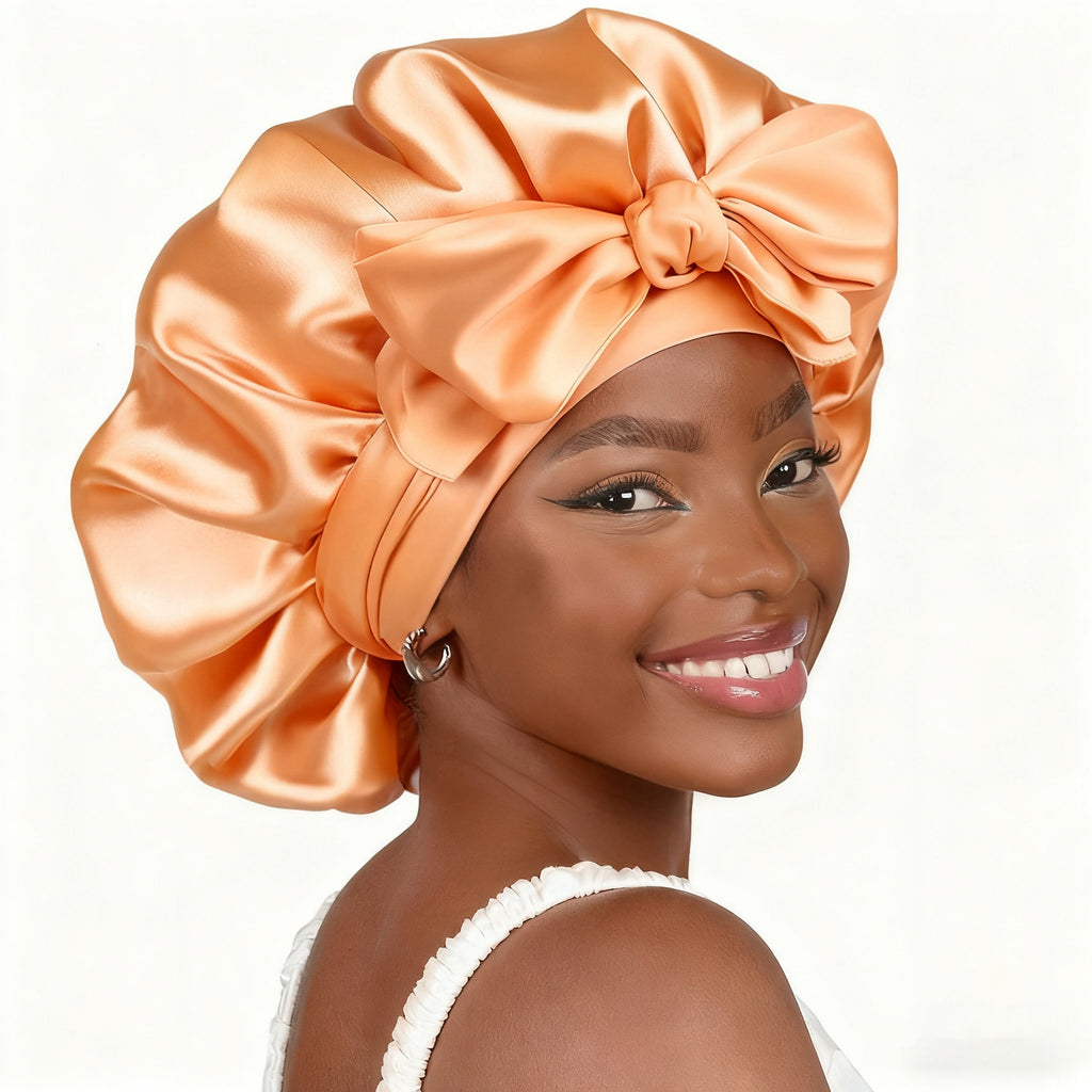 Cross-Border Popular Satin Ribbon Round Hat with Bow, Imitation Silk Beauty and Hair Care Wide-Brimmed Hat, Single-Layer Satin Sleep Cap