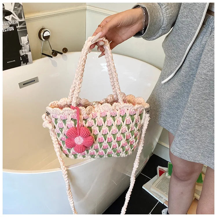 Crochet Crossbody Bag for Women Girl Handmade Color Block Handbag Lightweight Casual Summer Daily Purse