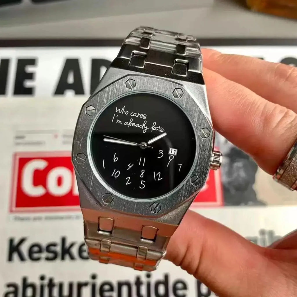 European and American Style Luxury Personalized Men's Steel Band Watch, with Calendar Display, Graffiti Digital Pattern, Casual Retro Fashion, High-End Men's Watch, Suitable for Various Occasions, Recommended Fashion Gift