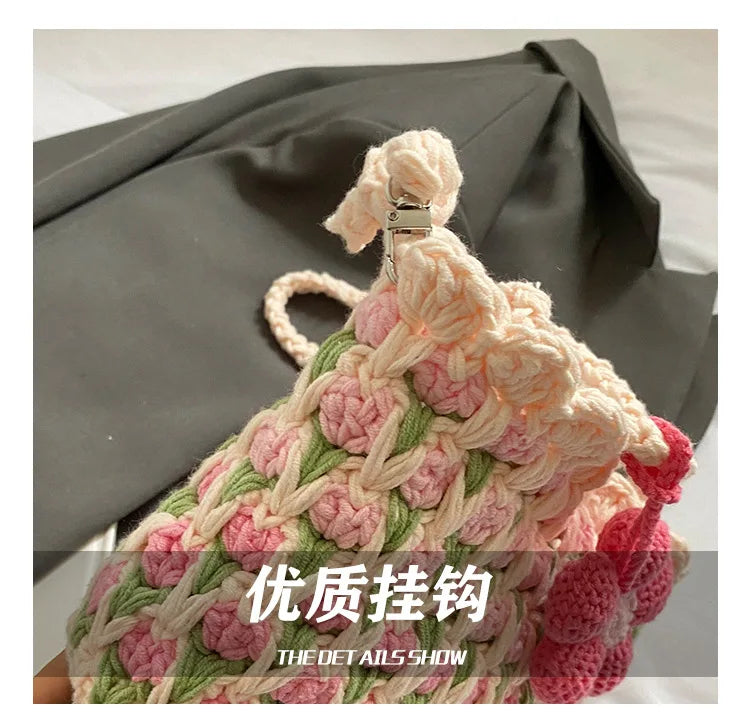 Crochet Crossbody Bag for Women Girl Handmade Color Block Handbag Lightweight Casual Summer Daily Purse