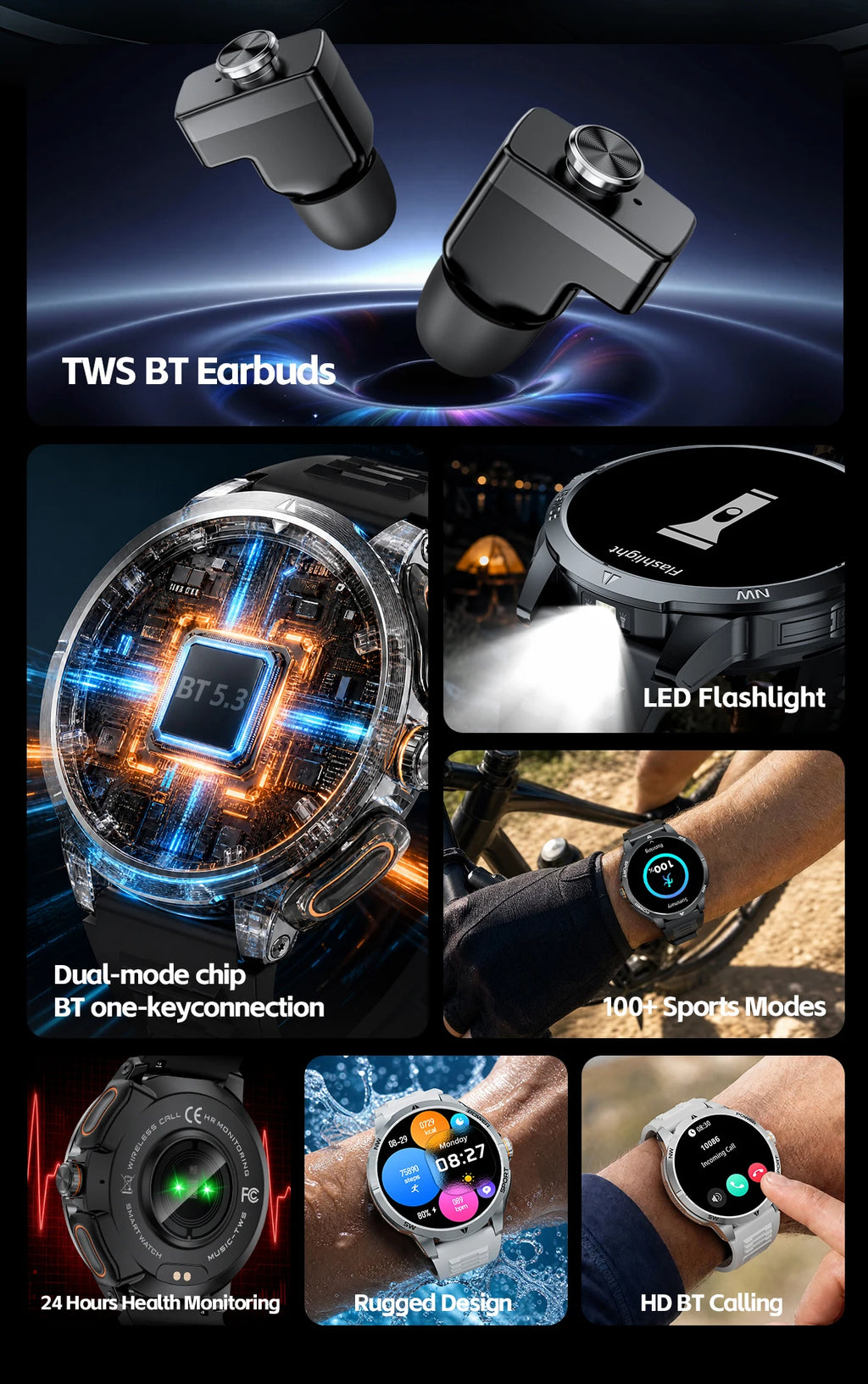 2026 2 In 1 TWS Headset Smart Watch 1.43" Earphones Music Smartwatch Women Men Sport Fitness Heart Rate Health Tracker Watches