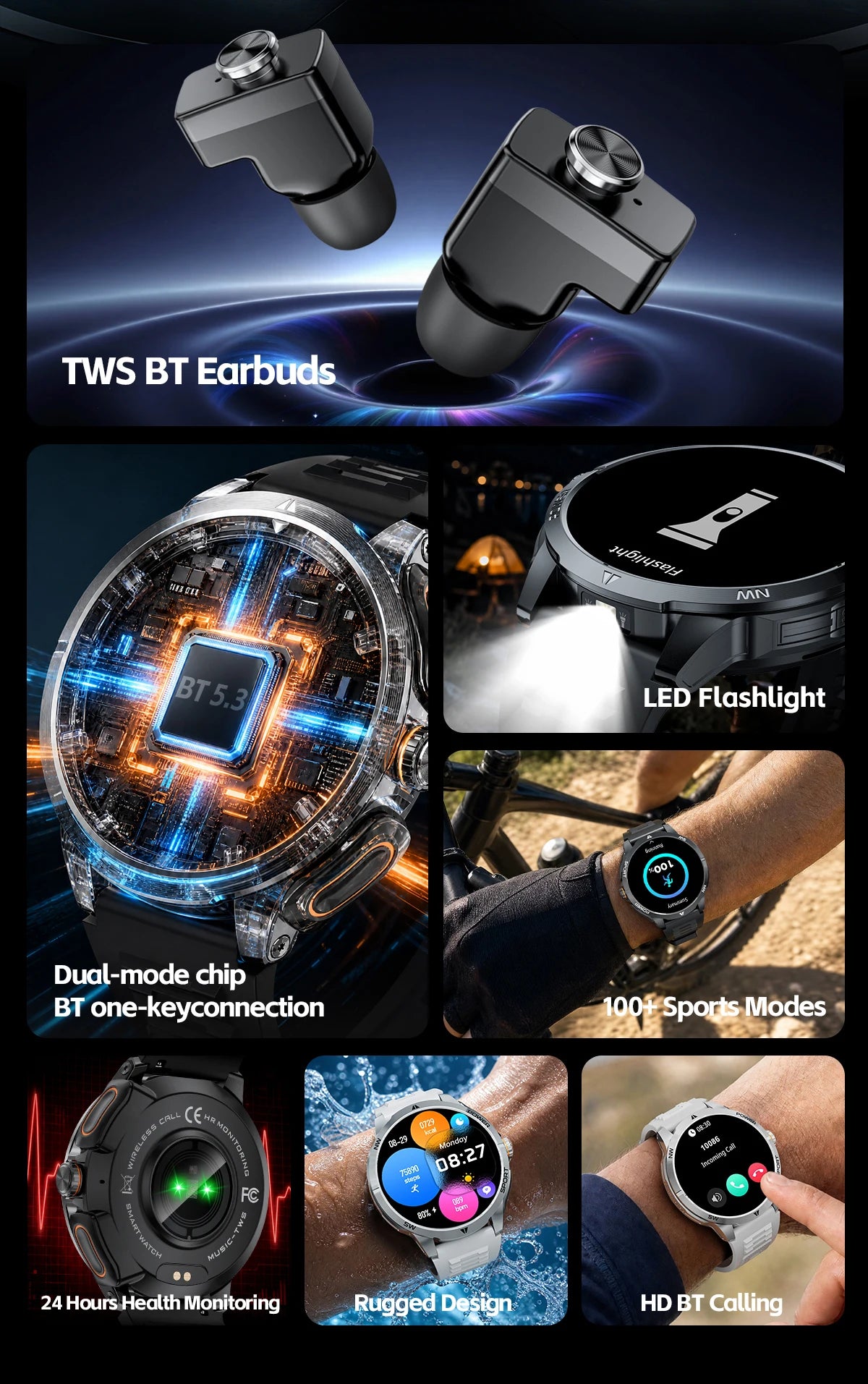 2026 2 In 1 TWS Headset Smart Watch 1.43" Earphones Music Smartwatch Women Men Sport Fitness Heart Rate Health Tracker Watches
