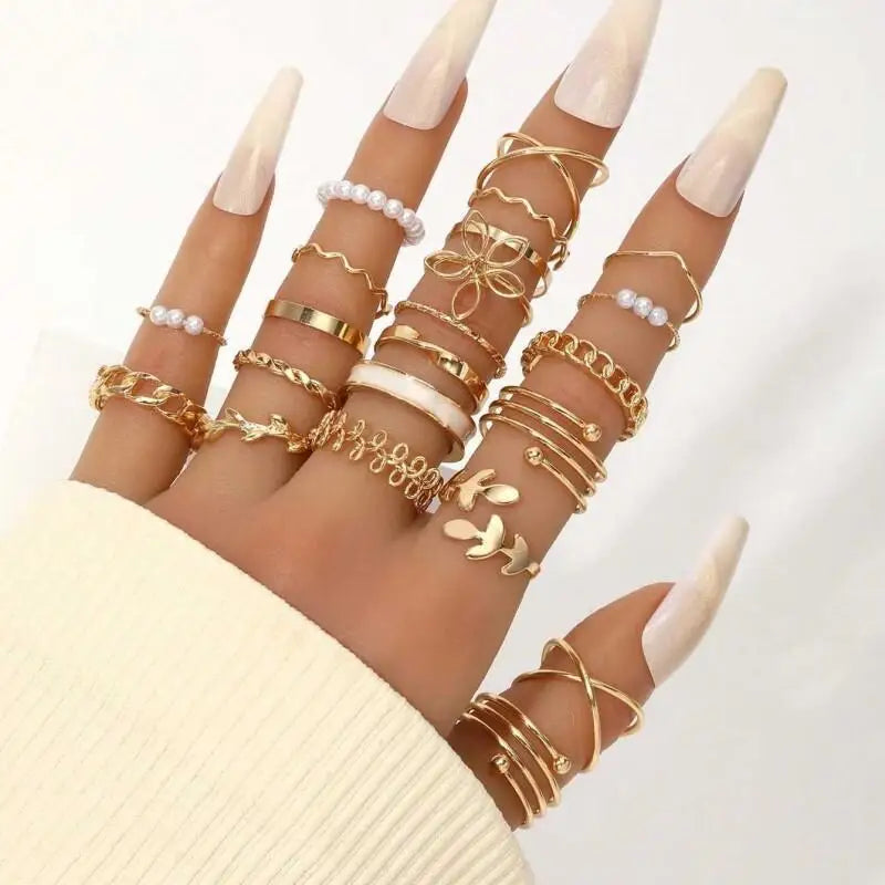 Stackable Ring Set for Women, Multi-Style Butterfly Pearl Open Rings, Golden Tone, Lightweight Fashion Jewelry for Daily  Wear