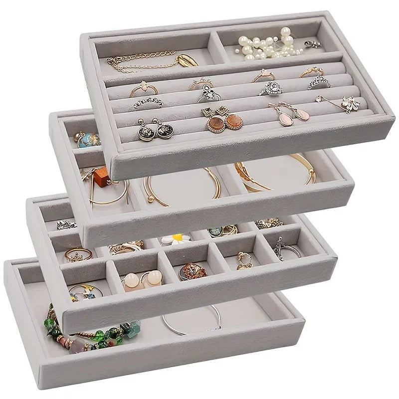 Stackable Velvet Jewelry Tray - Grey, Rectangular Storage Drawer for Rings, Necklaces, and Earrings, Jewelry Storage