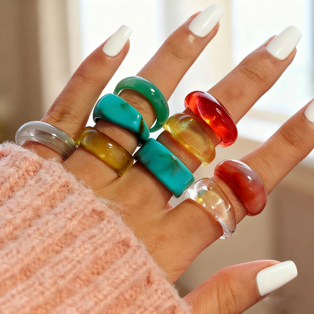 9pcs Retro Blush Resin Stackable Rings For Women Ins Geometric Design Turquoise Exaggerated Finger Ring Set