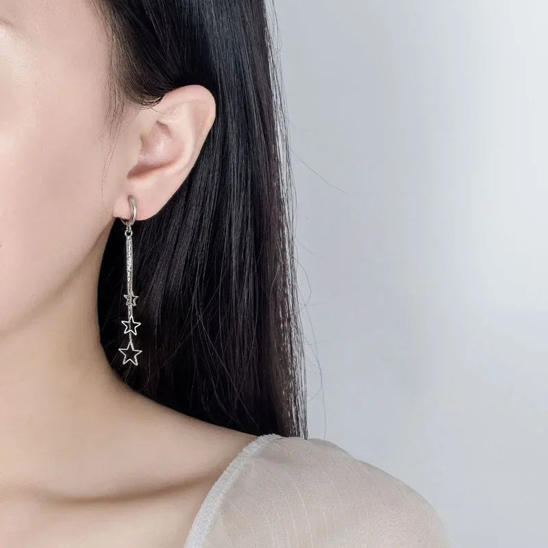 Elegant Popular Three Stars Hoop Earrings For Women 925 Sterling Silver Party Jewelry Beautiful Long Tassel EarringElegant