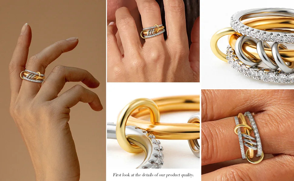 New Stainless Steel Cubic Zirconia Stackable Rings for Women 18k GoldPlating Multi-Link Connected Statement Ring Stack Jewelry