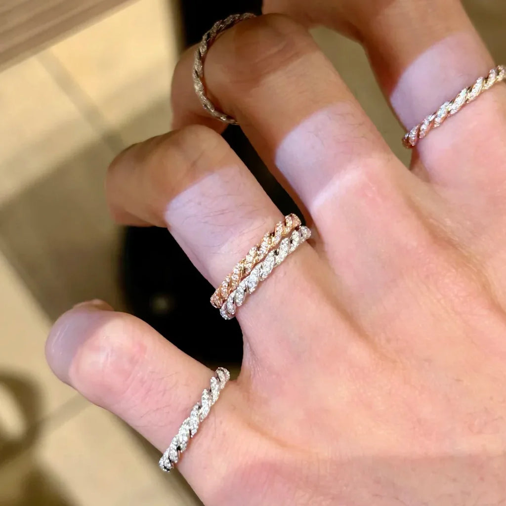 S925 Sterling Silver Twisted Stackable Ring, Women’s Full Zirconia Index Ring with a Small Row of Stones
