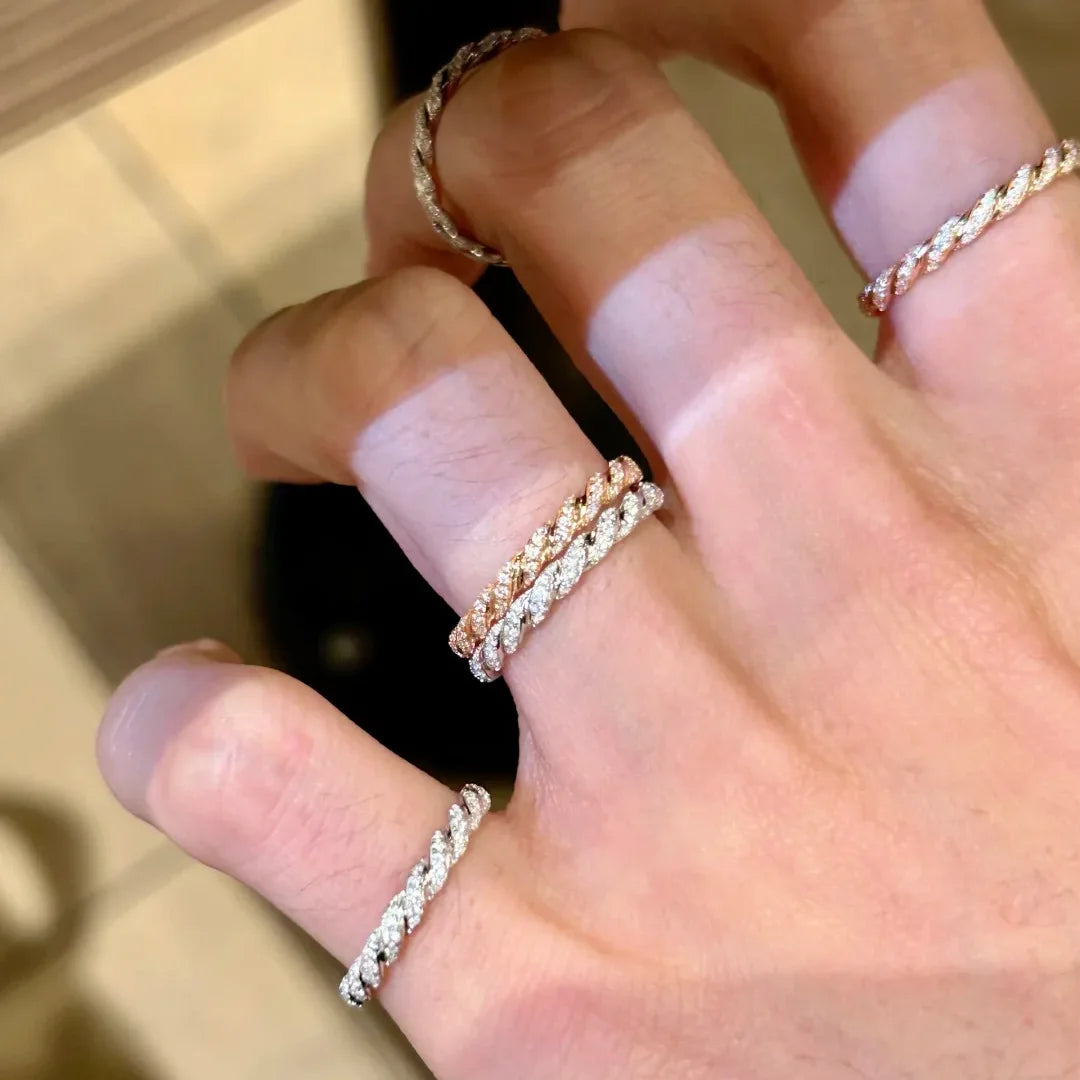 S925 Sterling Silver Twisted Stackable Ring, Women’s Full Zirconia Index Ring with a Small Row of Stones