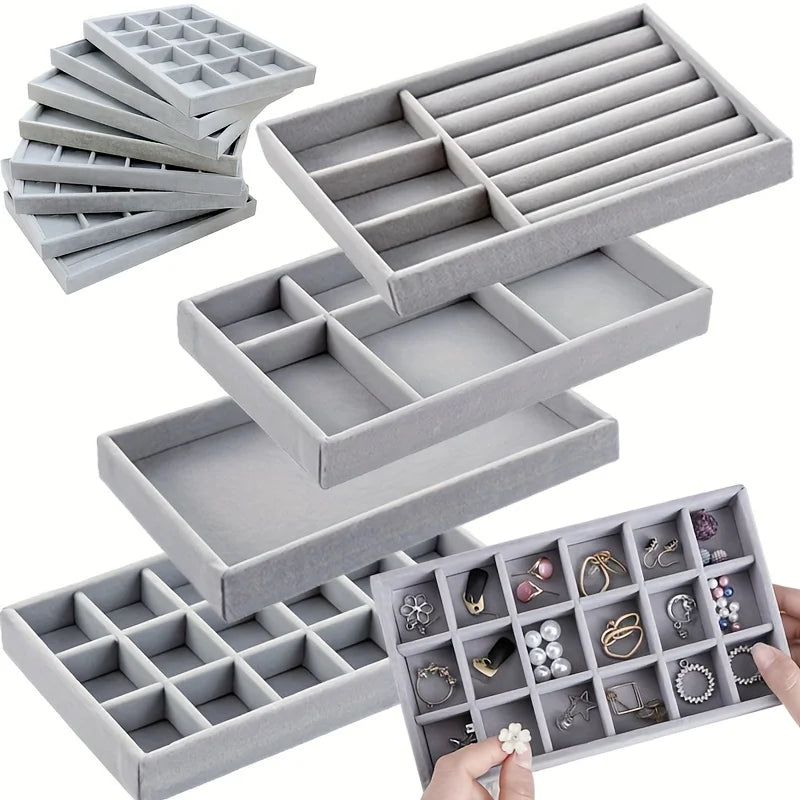 Stackable Velvet Jewelry Tray - Grey, Rectangular Storage Drawer for Rings, Necklaces, and Earrings, Jewelry Storage