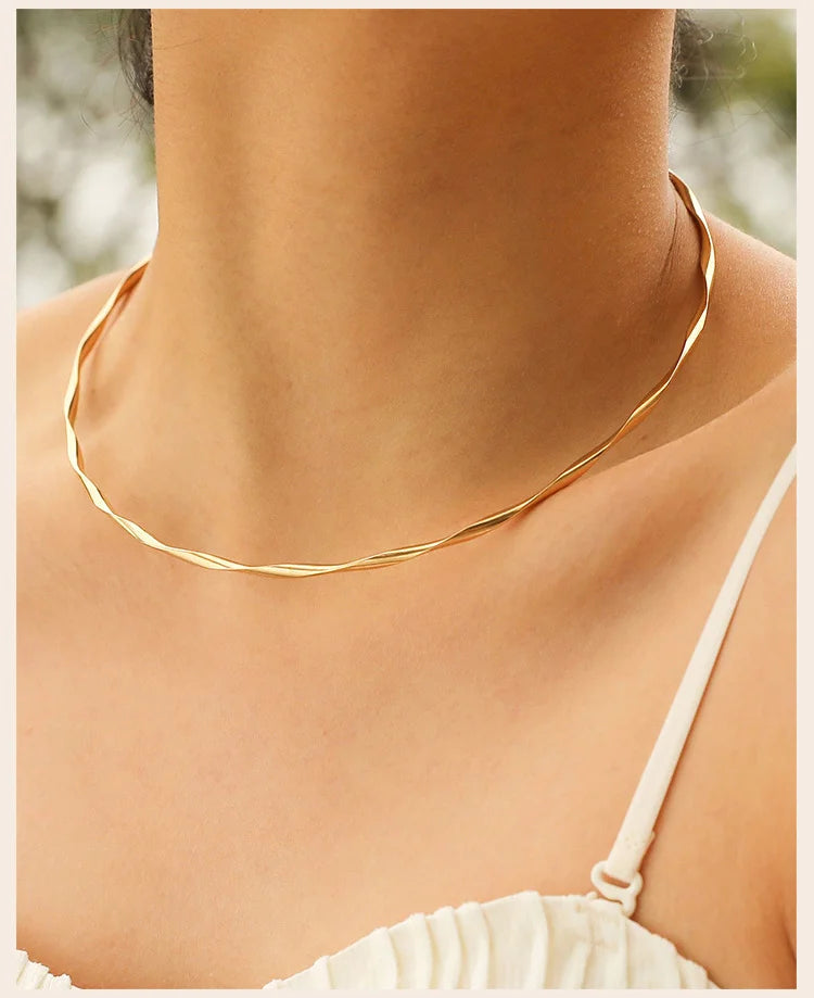 Minimalist Torques Necklace for Women,Reszie Twist Cuffs Neck Jewelry, Stainless Steel Gold Plated Choker Female Anti-allergic