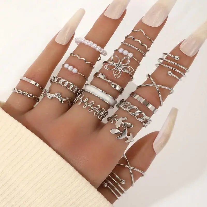 Stackable Ring Set for Women, Multi-Style Butterfly Pearl Open Rings, Golden Tone, Lightweight Fashion Jewelry for Daily  Wear