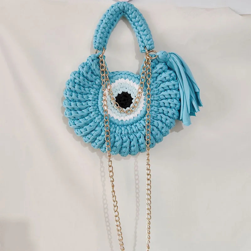 Knitted Crossbody Shoulder Bag,Handmade Weave Contrast Color Chain Compact Chic Women Sling Bag,Delicate Big Eyed Monster Purse
