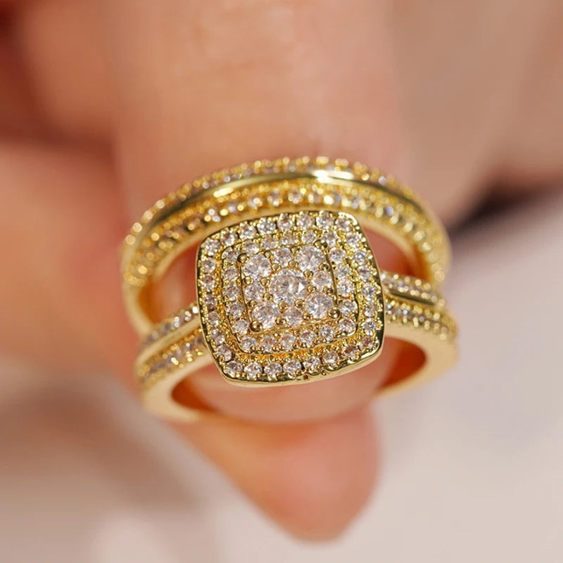 Huitan Double Stackable Set Rings Women for Wedding Luxury Gold Color AA Cubic Zirconia 2Pcs Rings Engagement Party Jewelry