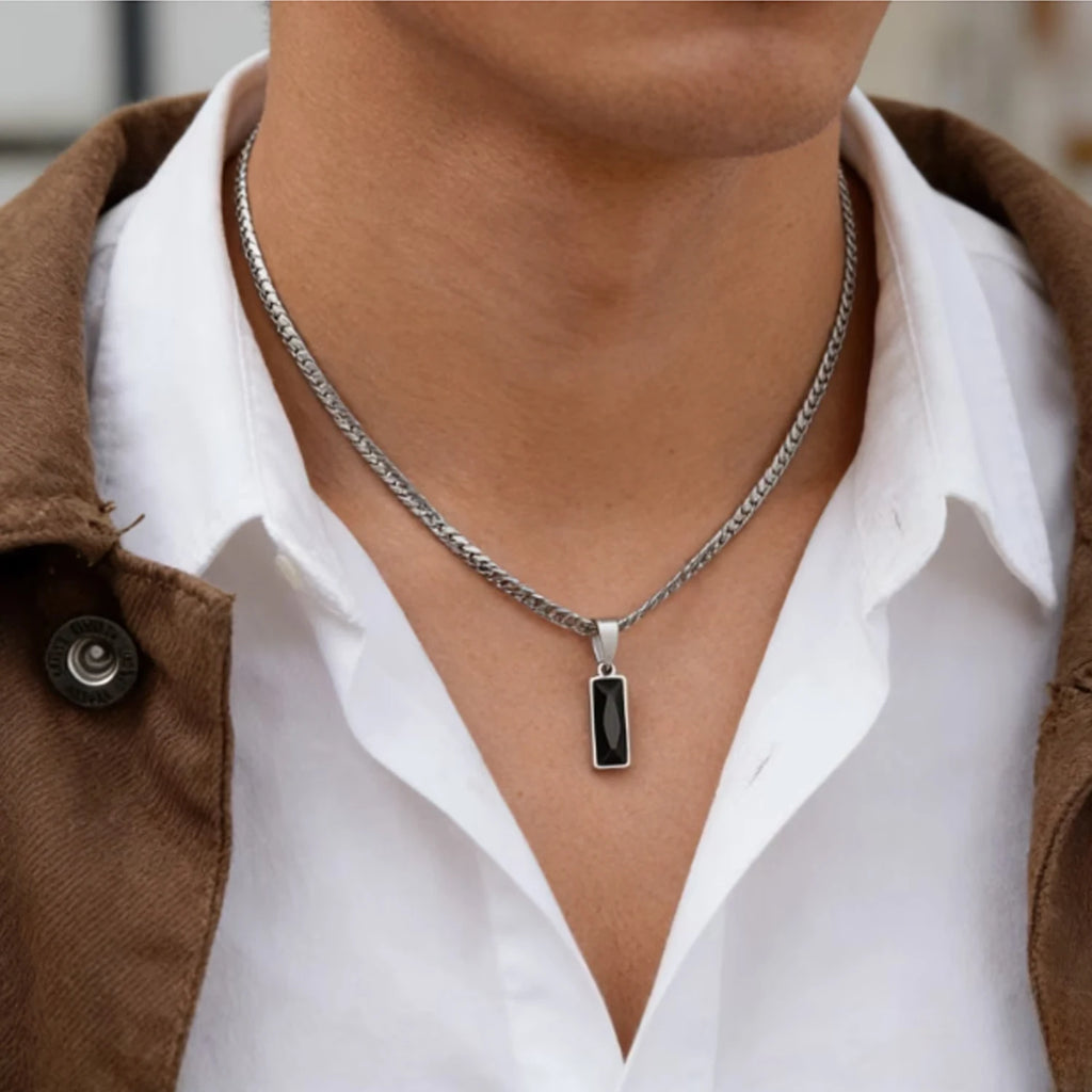 Men's Minimalist Necklace with Black Cubic Zirconia Pendant, 316L Stainless Steel, Daily Casual Street Style Rock Accessory