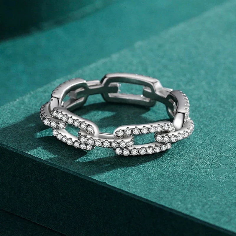 925 Sterling Silver Geometric Cubic Zirconia Stackable Ring for Women Trendy Platinum Plated Brand Party Jewelry Accessories