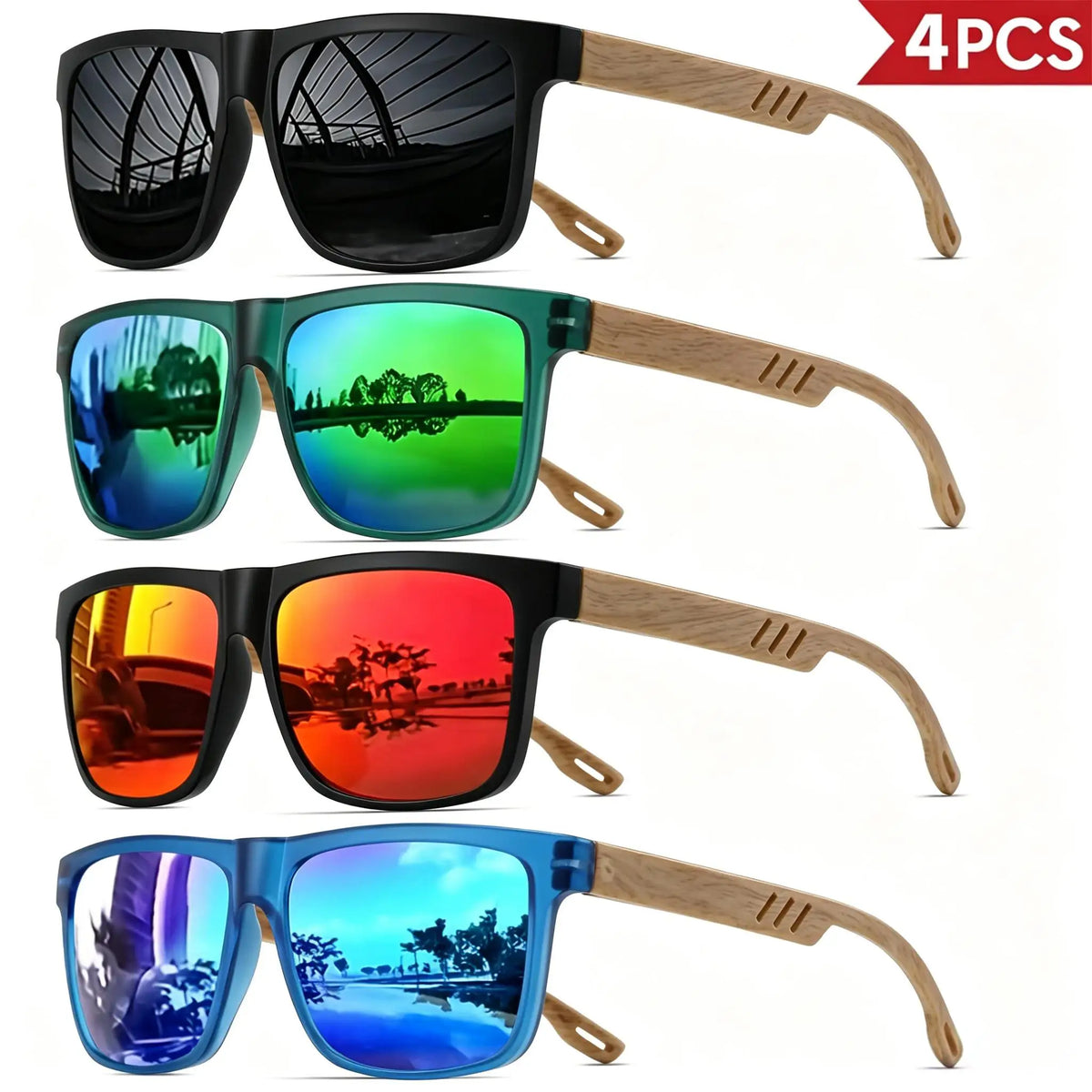 4-Piece Set of Wood-Grain Style Sunglasses – Classic Retro Square Frames, Unisex Comfortable Fit Design, Suitable for Daily Life and Activities, Casual Style, Ordinary Decorative Glasses