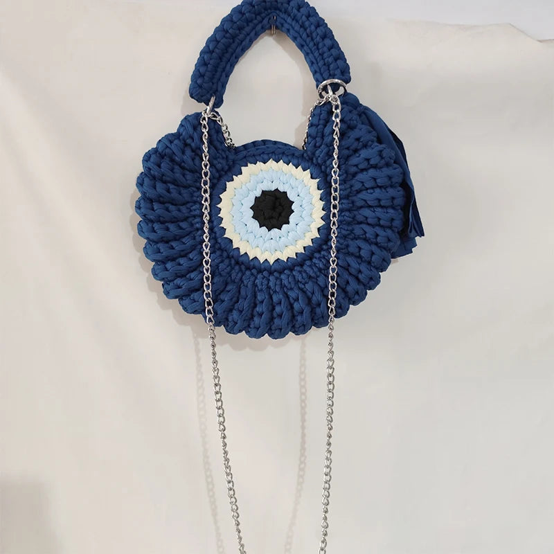 Knitted Crossbody Shoulder Bag,Handmade Weave Contrast Color Chain Compact Chic Women Sling Bag,Delicate Big Eyed Monster Purse