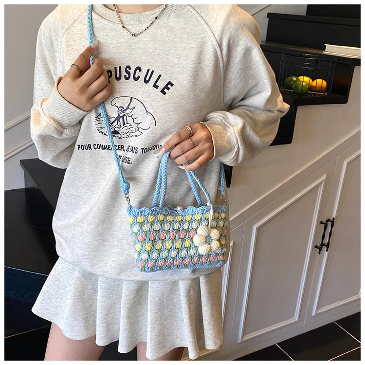 Crochet Crossbody Bag for Women Girl Handmade Color Block Handbag Lightweight Casual Summer Daily Purse