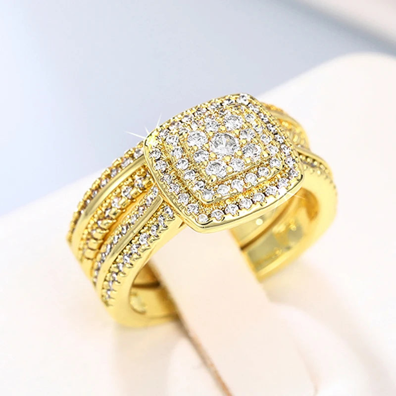 Huitan Double Stackable Set Rings Women for Wedding Luxury Gold Color AA Cubic Zirconia 2Pcs Rings Engagement Party Jewelry