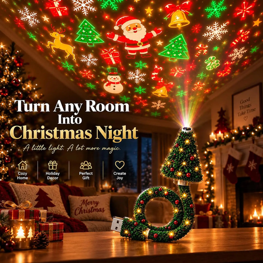 Christmas Projector Light, USB Powered Christmas Night Light with 6+ Holiday Patterns, Flexible Tree Lamp for Holiday Decor