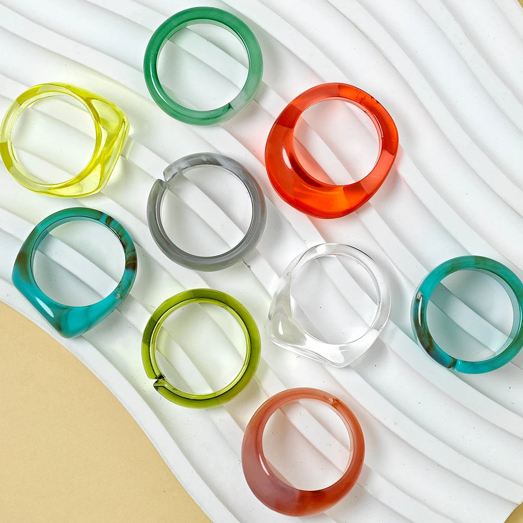 9pcs Retro Blush Resin Stackable Rings For Women Ins Geometric Design Turquoise Exaggerated Finger Ring Set