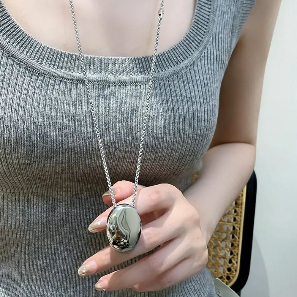 Minimalistic Oval Titanium Steel Necklace for Women Long Sweater Chain Luxury Charm Thin Chain Party Elegant Jewelry Accessories