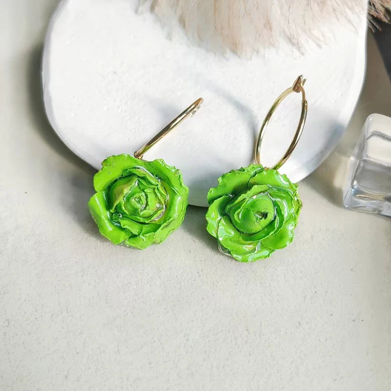 Multicolor Immortal Rose Flower Earrings Elegant Rose Hoop Earrings Epoxy Resin Natural Rose Dangle Earrings Custom Packaging