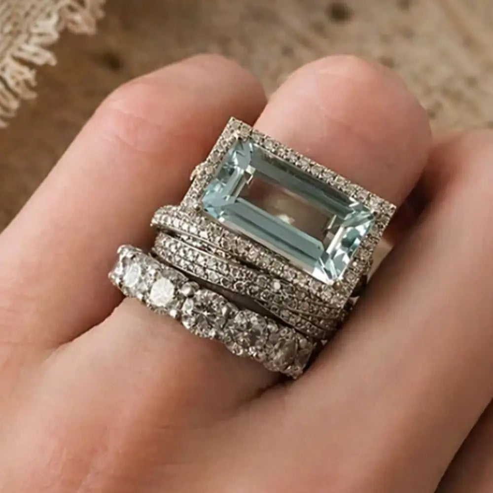 Large Rectangular Stone Stackable Ring Set European Style Fine Inlay Craft Stacking Rings Trendy Style Shine Brightly