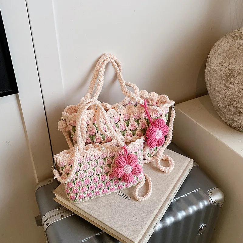 Crochet Crossbody Bag for Women Girl Handmade Color Block Handbag Lightweight Casual Summer Daily Purse