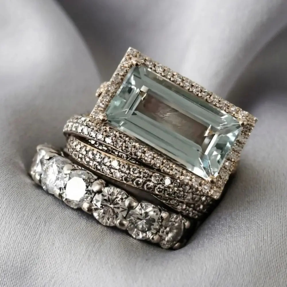 Large Rectangular Stone Stackable Ring Set European Style Fine Inlay Craft Stacking Rings Trendy Style Shine Brightly