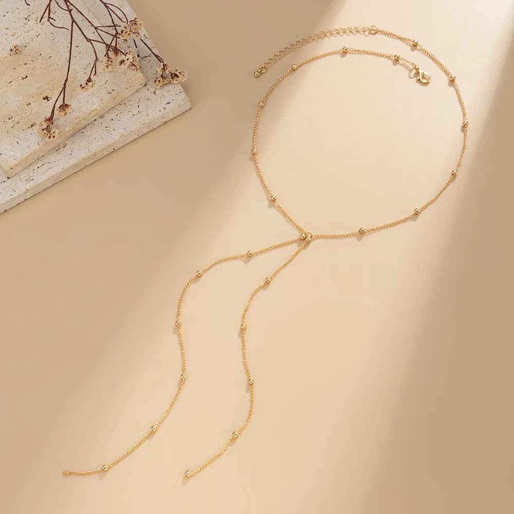 Minimalist Geometric Zircon Beaded Long Tassel Y-Shaped Lariat Layered Necklace for Women Fashion Stainless Steel Jewelry Gifts