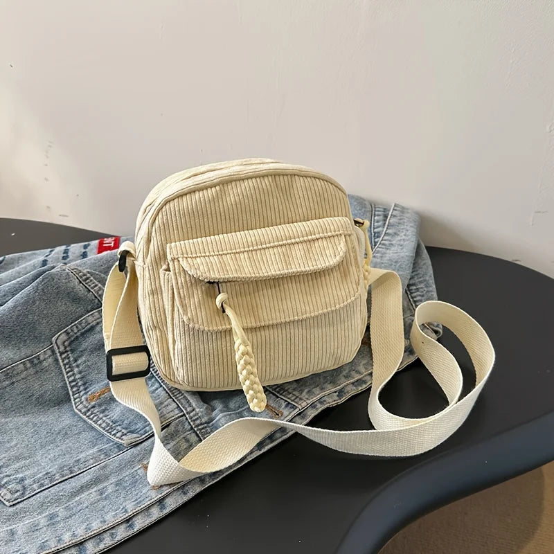1 Corduroy Crossbody Bag with Zipper, Striped Pattern,Polyester Lining, Men's and Women's Casual Style Multi Pocket Shoulder Bag