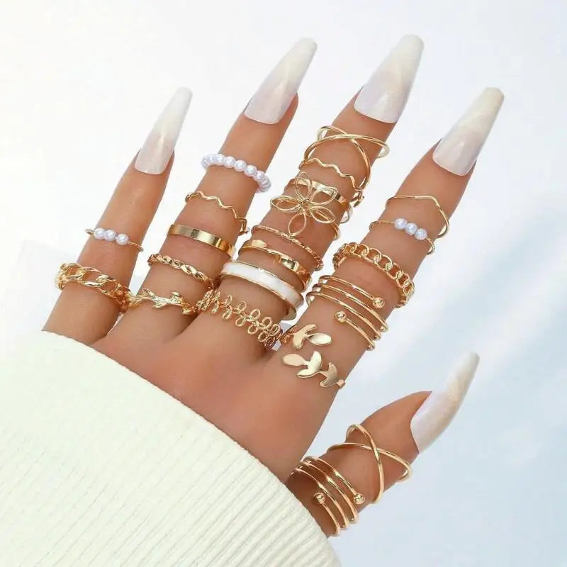 Stackable Ring Set for Women, Multi-Style Butterfly Pearl Open Rings, Golden Tone, Lightweight Fashion Jewelry for Daily  Wear