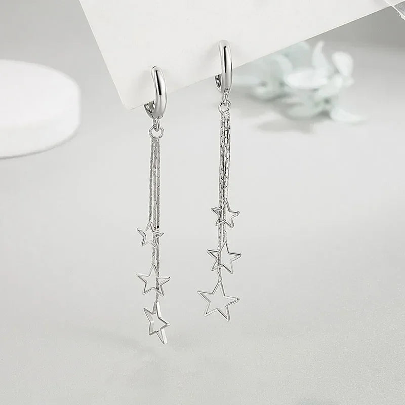 Elegant Popular Three Stars Hoop Earrings For Women 925 Sterling Silver Party Jewelry Beautiful Long Tassel EarringElegant
