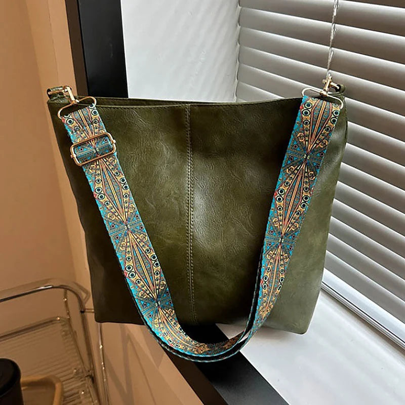 Wide Geometric Strap Shoulder Bag Large Capacity Crossbody Bags For Women,Retro Pu Leather Women's Bag For Shopping Travel