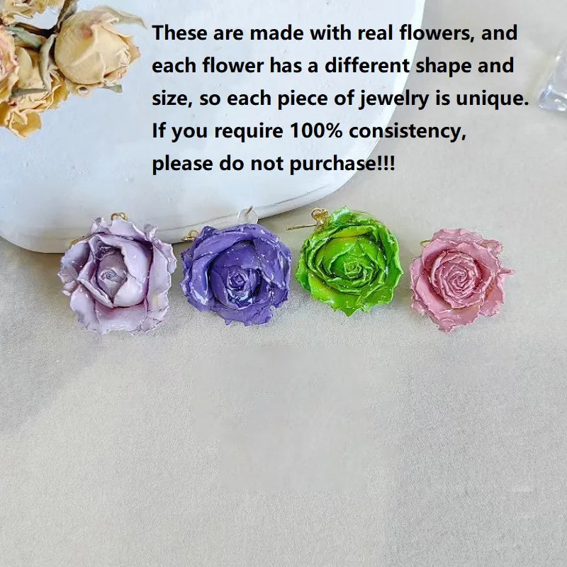 Multicolor Immortal Rose Flower Earrings Elegant Rose Hoop Earrings Epoxy Resin Natural Rose Dangle Earrings Custom Packaging