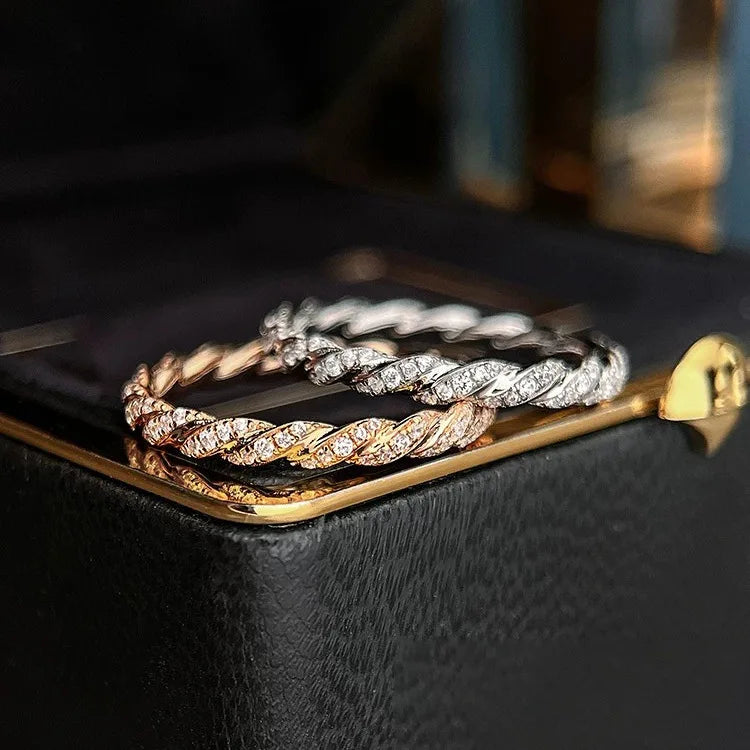 S925 Sterling Silver Twisted Stackable Ring, Women’s Full Zirconia Index Ring with a Small Row of Stones