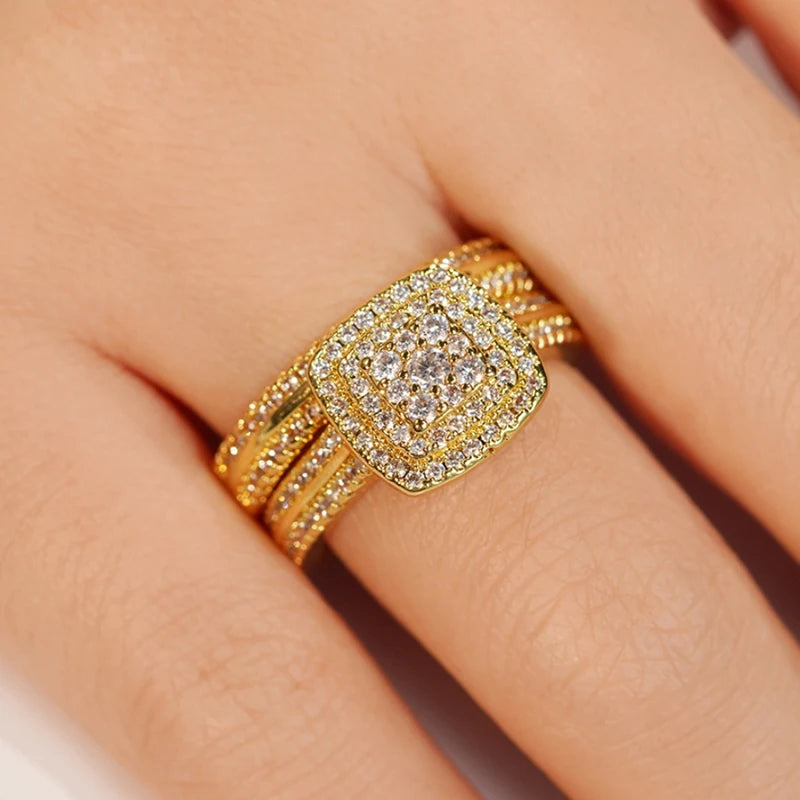 Huitan Double Stackable Set Rings Women for Wedding Luxury Gold Color AA Cubic Zirconia 2Pcs Rings Engagement Party Jewelry