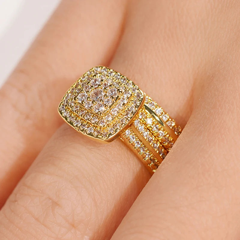 Huitan Double Stackable Set Rings Women for Wedding Luxury Gold Color AA Cubic Zirconia 2Pcs Rings Engagement Party Jewelry