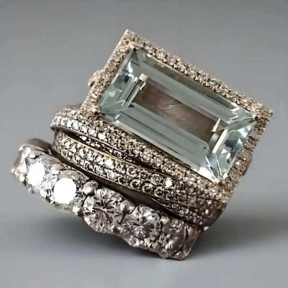 Large Rectangular Stone Stackable Ring Set European Style Fine Inlay Craft Stacking Rings Trendy Style Shine Brightly