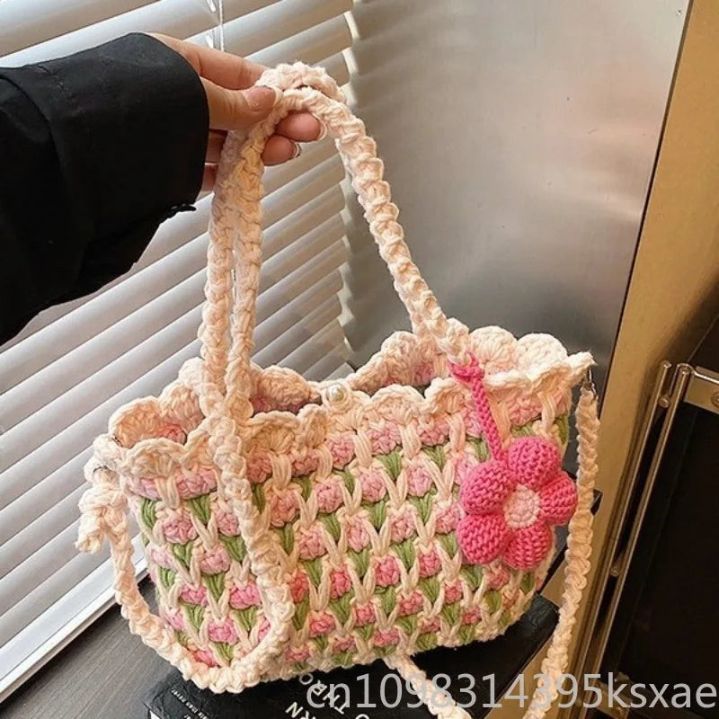Crochet Crossbody Bag for Women Girl Handmade Color Block Handbag Lightweight Casual Summer Daily Purse