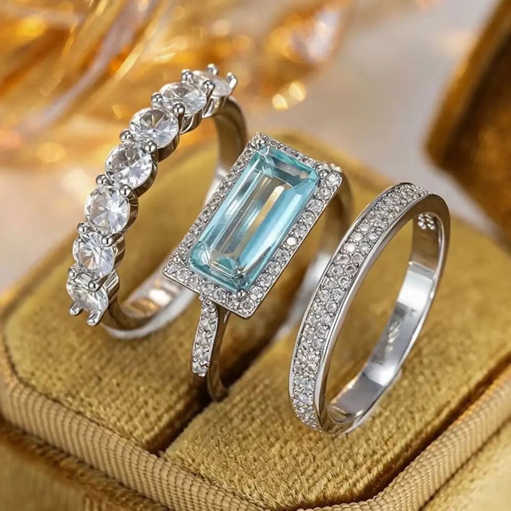 Large Rectangular Stone Stackable Ring Set European Style Fine Inlay Craft Stacking Rings Trendy Style Shine Brightly