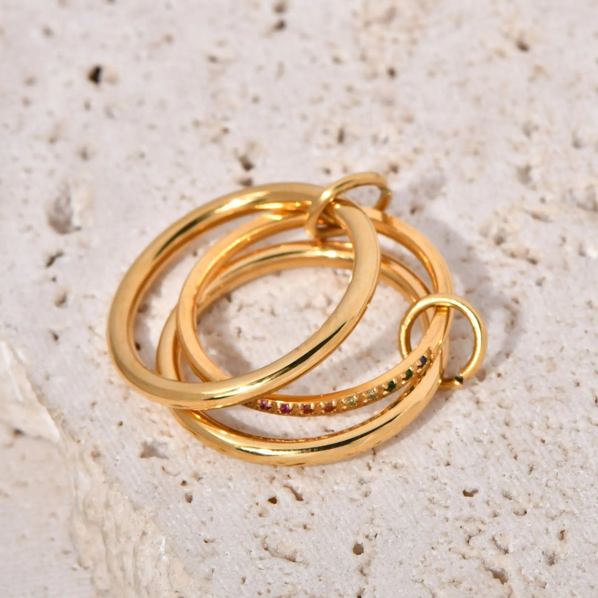 New Stainless Steel Colorful Cubic Zirconia Stackable Rings for Women 18k GoldPlating Multi-Link Connected Statement Ring Stack