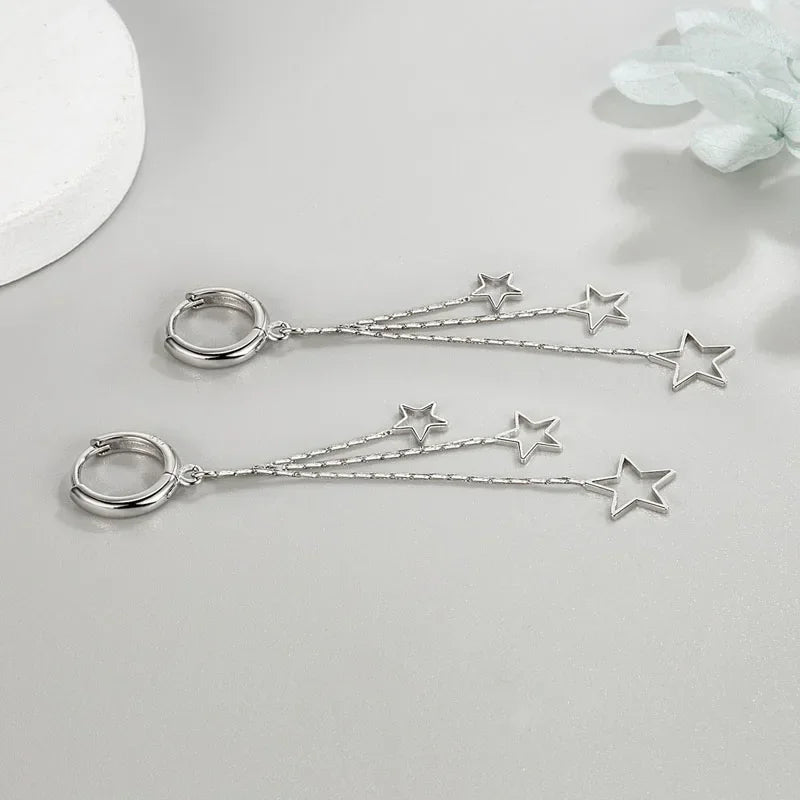 Elegant Popular Three Stars Hoop Earrings For Women 925 Sterling Silver Party Jewelry Beautiful Long Tassel EarringElegant