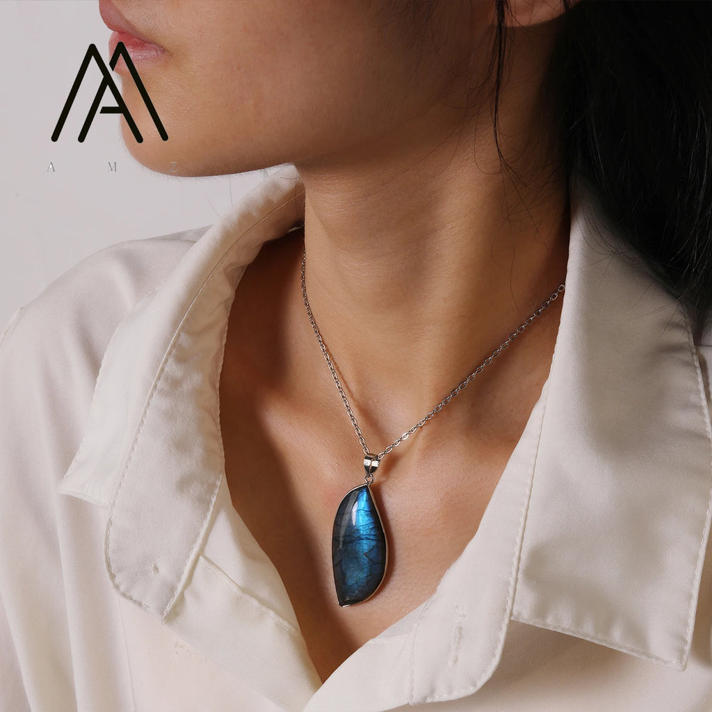 Minimalist Trendy Necklace Natural Gemstone Pendant Irregular Labradorite Necklace Silver-Plated Chain Unisex Gift Necklaces