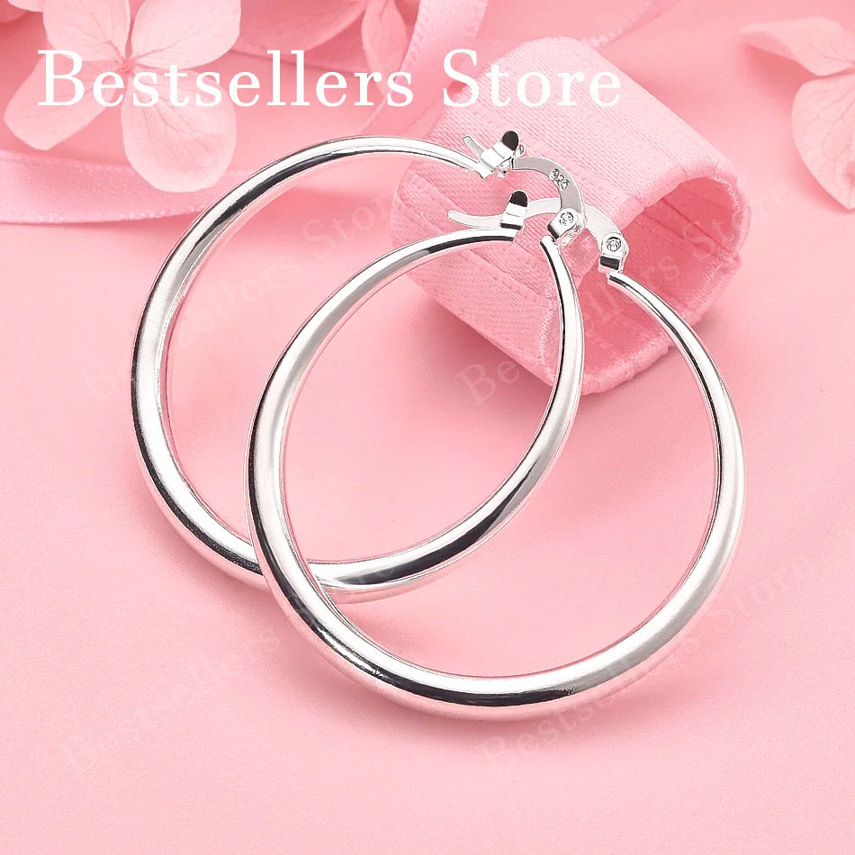 Elegant 925 Sterling Silver 40mm Delicate Round Hoop Earrings for Women, Charming Party Gifts, Jewelry