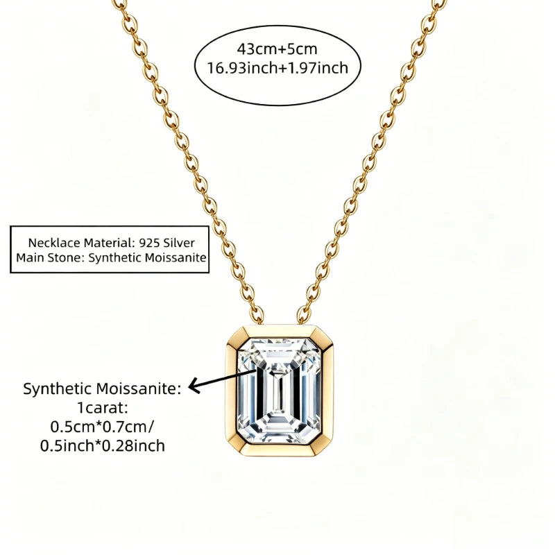 A Minimalist, Stylish, and Elegant 925 Silver Necklace for Women, Featuring A 1-Carat Rectangular Bezel-Set Moissanite.